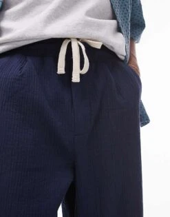 Topman Wide Leg Textured Trousers In Navy For Men -Daily Wardrobe Shop 206016704 4
