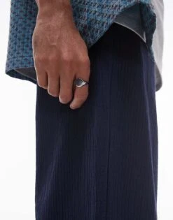 Topman Wide Leg Textured Trousers In Navy For Men -Daily Wardrobe Shop 206016704 5