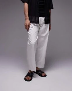 Topman Smart Compact Cotton Wide Leg Trouser In Ecru For Men -Daily Wardrobe Shop 206016841 2
