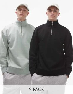 Topman Premium 2 Pack 1/4 Zip Sweat In Black And Sage For Men Multi