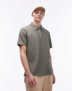 Topman Short Sleeve 1/4 Zip Through Plisse Shirt In Khaki For Men