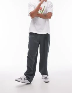 Topman Smart Drape Pleated Wide Leg Trousers Trouser In Charcoal For Men -Daily Wardrobe Shop 206074590 2