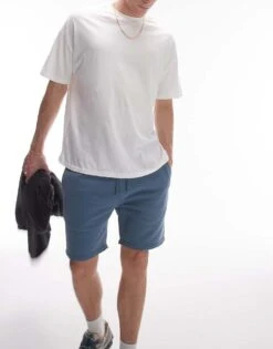 Topman Classic Fit Jersey Short With Raw Hem In Blue For Men