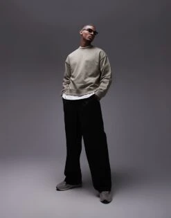 Topman Oversized Fit Linen Blend Crew Sweatshirt In Khaki For Men