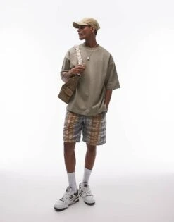 Topman Oversized Fit Linen Blend Short Sleeve Sweatshirt In Khaki For Men