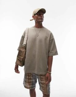 Topman Oversized Fit Linen Blend Short Sleeve Sweatshirt In Khaki For Men -Daily Wardrobe Shop 206096944 3