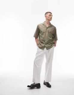 Topman Short Sleeve Smart Boxy Shirt In Green For Men Khaki Stripe