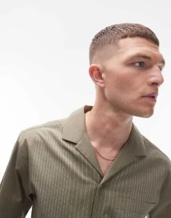 Topman Short Sleeve Smart Boxy Shirt In Green For Men Khaki Stripe -Daily Wardrobe Shop 206103873 3