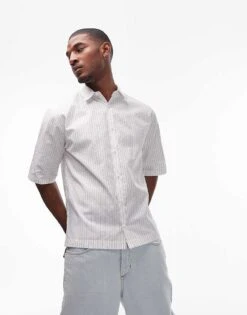 Topman Short Sleeve Pin Stripe Relaxed Cotton Shirt In White For Men White Stripe -Daily Wardrobe Shop 206103881 1 whitestripe 1