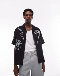 Topman Short Sleeve Embroidered Floral Shirt In Black For Men -Daily Wardrobe Shop 206108239 1 black 1