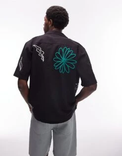 Topman Short Sleeve Embroidered Floral Shirt In Black For Men -Daily Wardrobe Shop 206108239 3