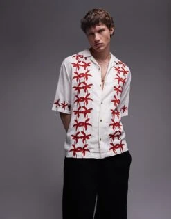 Topman Short Sleeve Relaxed Red Floral Shirt In White For Men -Daily Wardrobe Shop 206108647 1 white 1