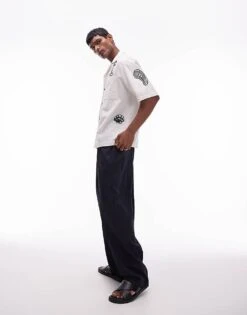 Topman Short Sleeve Relaxed Embroidered Shirt In White For Men Ivory -Daily Wardrobe Shop 206108655 4