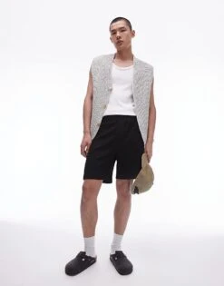 Topman Oversized Fit Jersey Short With Crinkle Plisse Texture In Black For Men