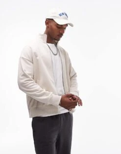 Topman Linen Mix Funnel Neck Full Zip Through In Ecru For Men -Daily Wardrobe Shop 206122704 4