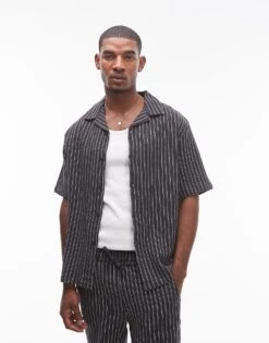 Topman Co Ord Short Sleeve Striped Shirt In Black For Men