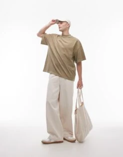 Topman Oversized Drop Shoulder T-shirt In Washed Green For Men