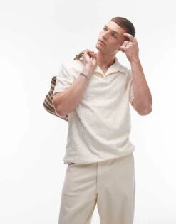 Topman Oversized Fit Jersey Polo With Jacquard In Ecru For Men