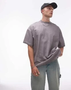 Topman Oversized Drop Shoulder Acid Wash T-shirt In Grey For Men Light Grey