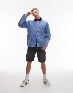 Topman Acid Wash Workwear Jacket With Contrast Collar For Men Blue -Daily Wardrobe Shop 206149710 4