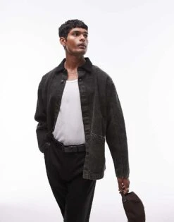 Topman Workwear Jacket With Contrast Collar In Black Wash For Men