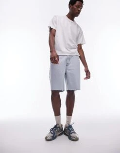 Topman Wide Leg Raw Hem Denim Short In Bleach Wash For Men
