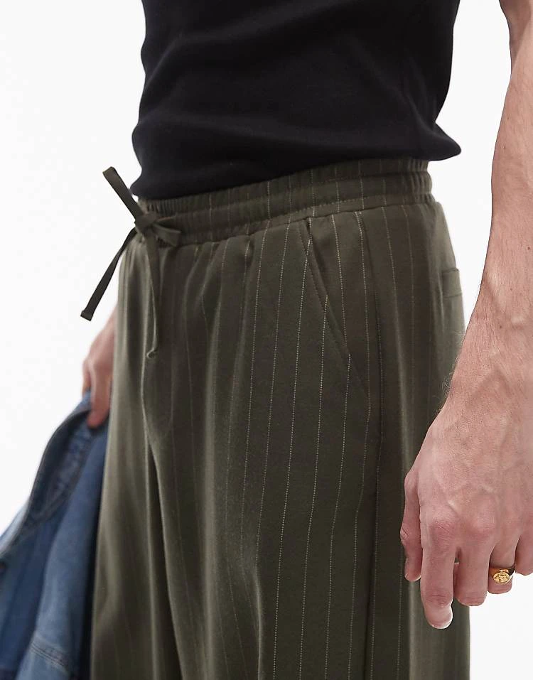 Topman Wide Leg Pin Stripe Trouser In Khaki For Men Green 4 Topman Wide Leg Pin Stripe Trouser In Khaki For Men Green - Image 2
