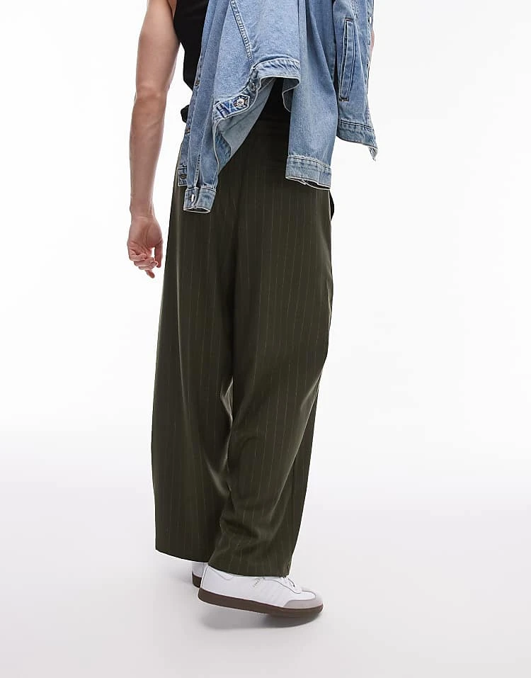Topman Wide Leg Pin Stripe Trouser In Khaki For Men Green 5 Topman Wide Leg Pin Stripe Trouser In Khaki For Men Green - Image 3