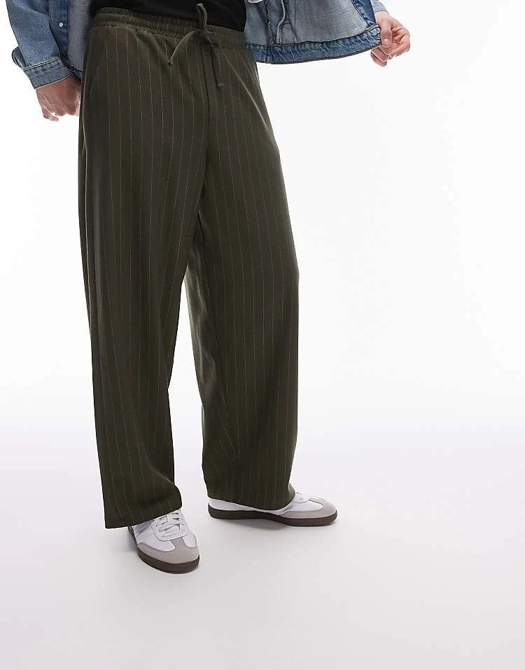 Topman Wide Leg Pin Stripe Trouser In Khaki For Men Green 7 Topman Wide Leg Pin Stripe Trouser In Khaki For Men Green - Image 5