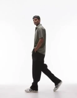 Topman Short Sleeve Button Through Plisse Shirt In Khaki For Men -Daily Wardrobe Shop 206227270 3