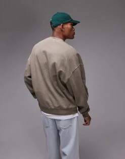 Topman Oversized Fit Sweatshirt In Washed Khaki For Men -Daily Wardrobe Shop 206229515 4