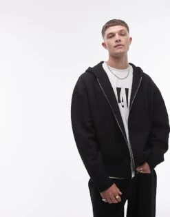 Topman Oversized Fit Full Zip Hoodie In Black For Men