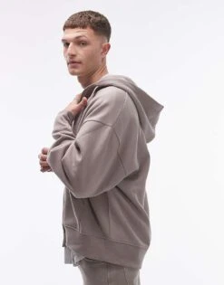 Topman Oversized Fit Full Zip Hoodie In Stone For Men Mink