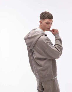 Topman Oversized Fit Full Zip Hoodie In Stone For Men Mink -Daily Wardrobe Shop 206241096 3