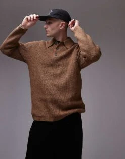 Topman Relaxed Fit Compact Knit Polo Jumper In Brown For Men
