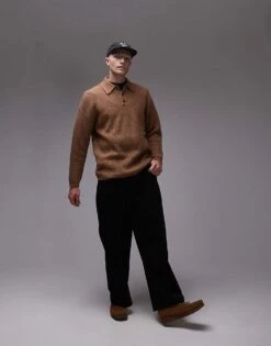 Topman Relaxed Fit Compact Knit Polo Jumper In Brown For Men -Daily Wardrobe Shop 206252334 3