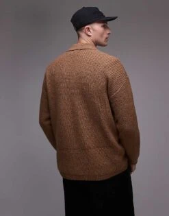 Topman Relaxed Fit Compact Knit Polo Jumper In Brown For Men -Daily Wardrobe Shop 206252334 4
