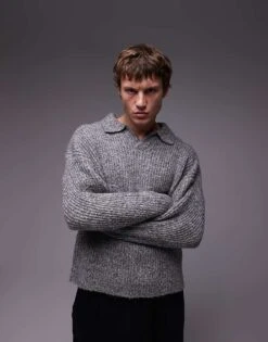 Topman Relaxed Open Collar Jumper In Grey Marl For Men -Daily Wardrobe Shop 206252343 1 grey 1