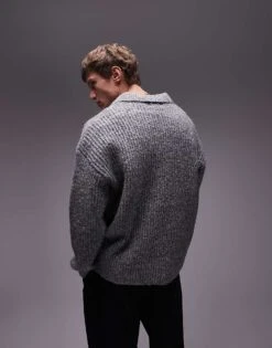 Topman Relaxed Open Collar Jumper In Grey Marl For Men -Daily Wardrobe Shop 206252343 4