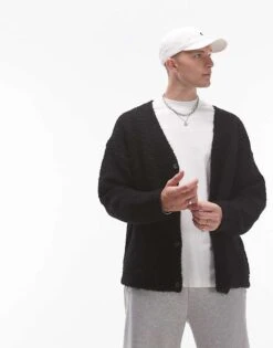 Topman Relaxed Fit Boucle Cardigan In Black For Men -Daily Wardrobe Shop 206252385 1 black 1