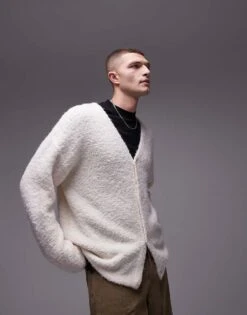 Topman Relaxed Fit Boucle Cardigan In Oatmeal For Men