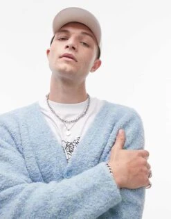 Topman Relaxed Fit Boucle Cardigan In Blue Marl For Men -Daily Wardrobe Shop 206252433 4