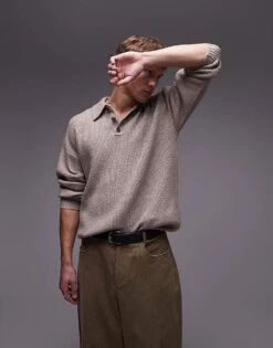 Topman Relaxed Fit Compact Knit Polo Jumper In Oatmeal For Men -Daily Wardrobe Shop 206252450 1 oatmeal 1