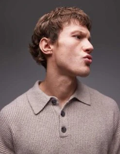 Topman Relaxed Fit Compact Knit Polo Jumper In Oatmeal For Men -Daily Wardrobe Shop 206252450 4