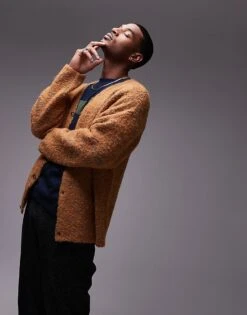 Topman Relaxed Fit Boucle Pattern Cardigan In Orange For Men -Daily Wardrobe Shop 206252467 1 orange 1