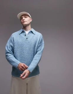 Topman Oversized Fit Boucle Polo In Blue Marl For Men -Daily Wardrobe Shop 206252475 1 blue 1