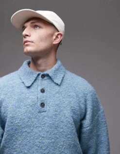 Topman Oversized Fit Boucle Polo In Blue Marl For Men -Daily Wardrobe Shop 206252475 3