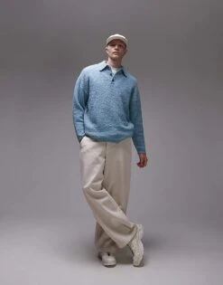 Topman Oversized Fit Boucle Polo In Blue Marl For Men -Daily Wardrobe Shop 206252475 4