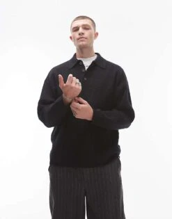 Topman Relaxed Fit Compact Knit Polo Jumper In Black For Men