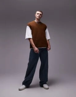 Topman Relaxed Fit Vest In Brown For Men -Daily Wardrobe Shop 206252573 2